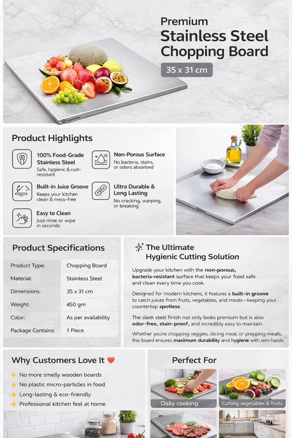 Premium Stainless Steel Chopping Board (35x31 cm)